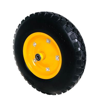 China Material of Construction Shops 16 Inch 4.00-8 Factory Made Flat Free Steel Solid Rim Puncture Proof PU Foaming Wheelbarrow Tires Wheels for sale