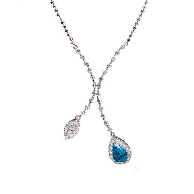 China CLASSIC 925 silver Paraiba 7*11 high carbon diamond aquamarine necklace women's clavicle chain pendant fashion luxury Bridal jewelry for sale