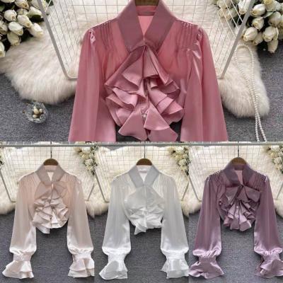 China Anti-pilling high quality and stylish design with ruffles bottom top, unique and beautiful, long French sheath shirt for sale