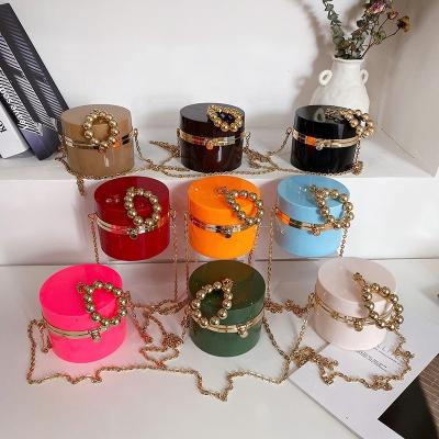 China 2021 Lady/Girl New Arrivals Acrylic Handbags Luxury Beaded Round Handbags Summer Single Cylinder Mini Clutch Purse for sale