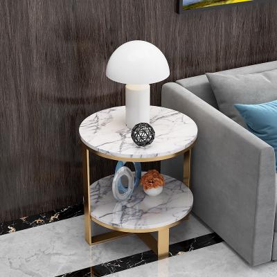 China Other modern design light luxury round white marble bedside table with gold table legs for bedroom for sale