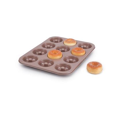 China 12 Cavity Sustainable Carbon Steel Non-Stick Cake Pan For Customize Rose Gold Baking Tray Donut for sale