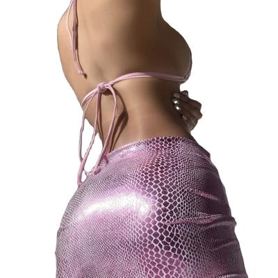 China European polyester and American snakeskin cord binding short skirt bikini three-piece swimsuit for sale