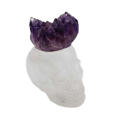 China Unique Europe amethyst cluster on skulls natural handmade clear quartz skull with large amethyst druzy on sale for sale