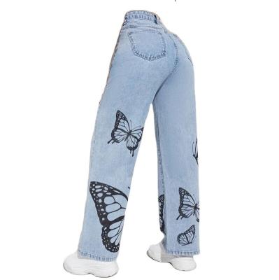 China 2021 High Waisted Jeans Women Pants Butterfly Printing Viable Trending Wide Leg Jeans For Women for sale