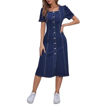 China Sustainable Wholesale Custom Women Denim Dress Top-stitched Button By Denim Dress For Women Ladies for sale