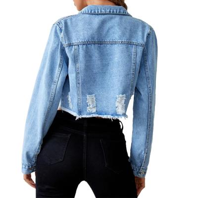 China Jackets Wholesale Women Factory Custom Ripped Frayed Raw Hem Crop Denim Jacket for women ladies for sale