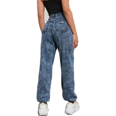 China 2021 Sustainable Hot-selling Slogan High Waisted Denim Pants Graphics Ripped Retail Jeans For Women Ladies for sale