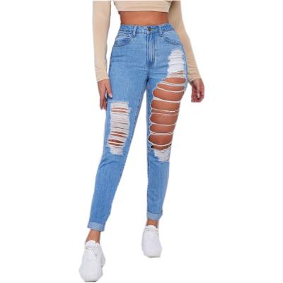 China 2021 Fashion Skinny Jeans Hole Breathable High Waist Roll Edge Ripped Skinny Jeans For Women Ladies for sale