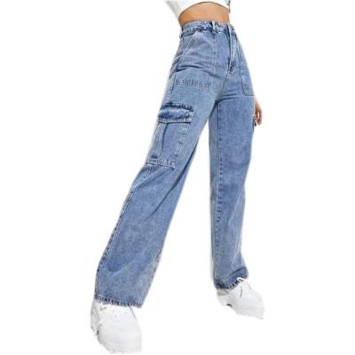 China Breathable Flap Pocket High Waisted Jeans Womens Custom Casual Jeans Pants High Waisted Cargo Jeans For Women for sale