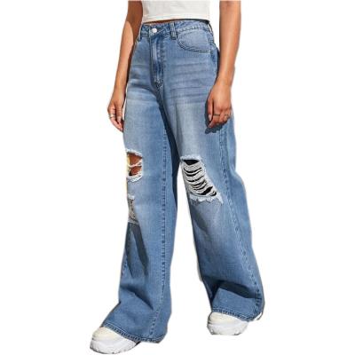 China Lady Breathable Stylish Jeans Ripped Denim Wide Leg Jeans High Waisted Distressed Loose Jeans Women for sale