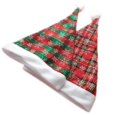 China Plaid Cotton Fabric Snowflake Plaid Christmas Santa Hat for Xmas Party Decorations for sale