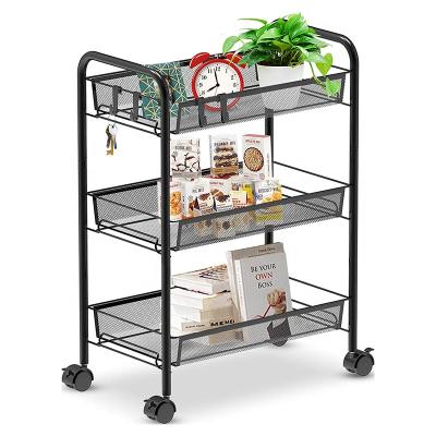 China Durable 3-Shelf Mesh Wire Rolling Cart Trolley Organizer Home Office Storage Racks for sale