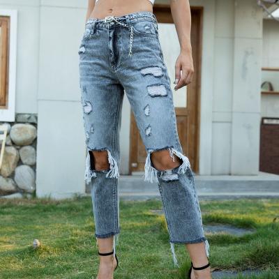 China Breathable Hip Hop Custom Made Mid Waist Distressed Hole Leg Women Jeans Straight Ripped Denim Pants for sale