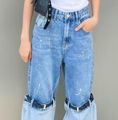 China 2023 Breathable High Waist Patchwork Belt Lady Wide Leg Women Denim Panty Jeans for sale