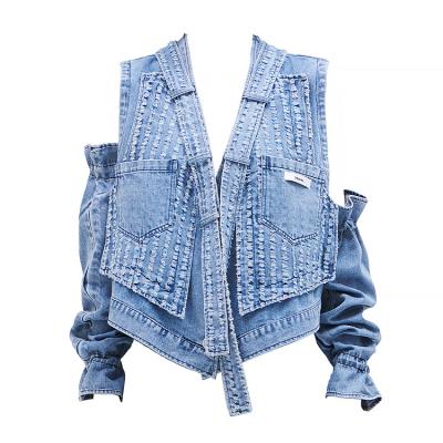 China OEM Design Fashion Loose Short Removable Sleeves Strapless Denim Jacket Vest Women QUICK DRY Sense for sale