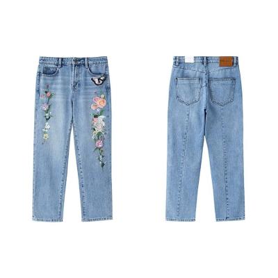 China Custom Women Elastic Stretch Jeans Women Breathable Pants Embroidery Jeans Straight Fit Skinny Women's Jeans for sale