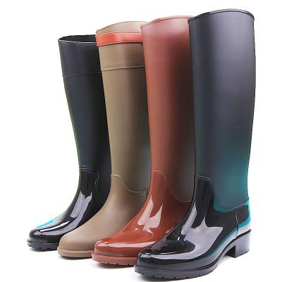 China Waterproof Women Fashion Long Pure Color Sole Waterproof Riding Knee High PVC Rain Boots For Women for sale