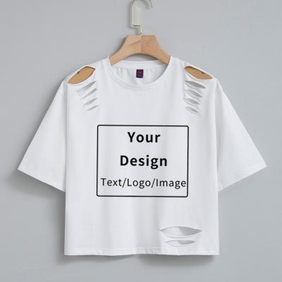 China Others Diy Custom Crop Top T-shirt Printing Logo Graphic Tee Ladies Cotton T-shirt Women Short Sleeve Hole T-shirt Customized for sale