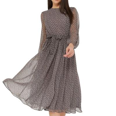 China Dot Print Long Sleeve Women Elegant Anti-Static Dresses New Boho Casual Chiffon O-Neck A-Line Dress for sale