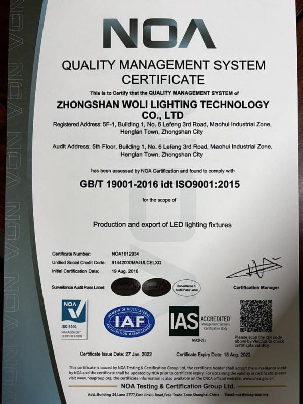 ISO9001 - Zhongshan Woli Lighting Technology Co., Ltd.