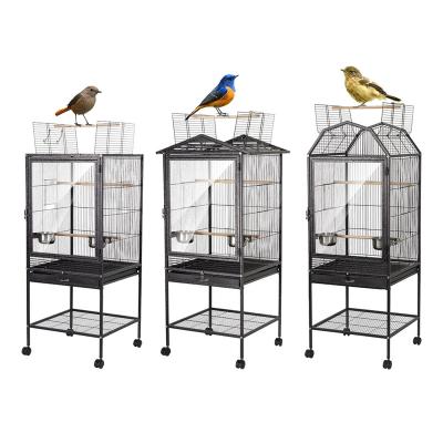 China Open Top Standing Parrot Budgie Cage 34 Inch Large Metal Flying Bird Cage Breathable Black Birdcage With Rolling Stand for sale