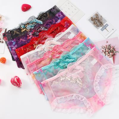 China Wholesale Lady Antibacterial Lace Up Girl Fashion Panties Cotton Briefs Lace Embroidered Transparent Underwear See Through Panties Women for sale