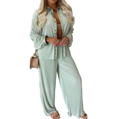 China Autumn New Clothing Long Sleeve QUICK DRY QUICK DRY Button Top Shirts And Wide Leg Pants 2 Piece Set For Women for sale