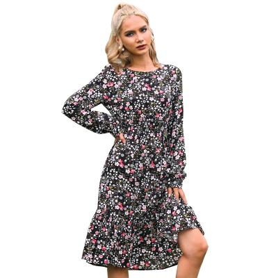 China Wholesale Autumn Elegant Floral Midi Dress Long Sleeve Casual Rayon Breathable Women Squishy Dresses for sale