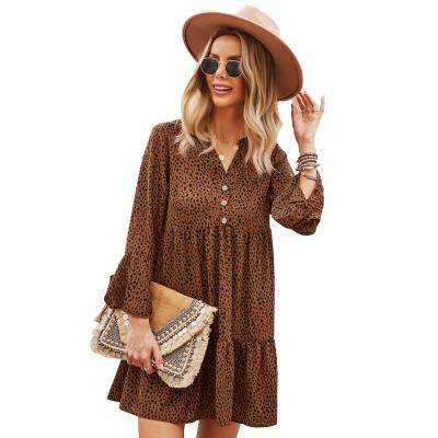 China Women Breathable Apparel Fashion Casual Dresses Ruffle Loose Sleeve Leopard Print Tunic Dress V-Neck Dresses for sale