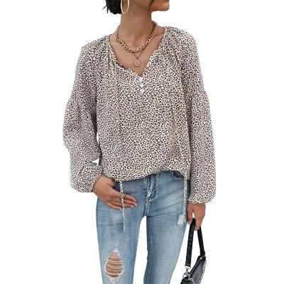 China New Arrival Yayirun Women's Long Sleeve Sheath Shirts Leopard Breathable V-Neck Top Lady Casual Blouses Women for sale