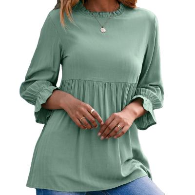 China Fashion Breathable Design Summer Casual Style Ladies Tops Ruffle Collar Three Quarter Sleeves Loose Women Blouse for sale