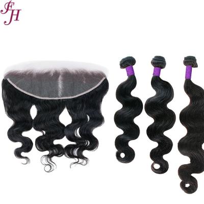 China High Quality Black Unprocessed Human Hair Bundle FH HD 13x4 Lace Frontal Headbands Preplucked Frontal With 3 Hair Bundles for sale