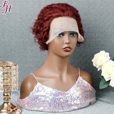 China Curly Bob 99j Burgundy Short Wig FH Pixie Cut Human Hair Pixie Wig Virgin Raw Indian Cuticle Aligned Lace Front Hair Wigs for sale