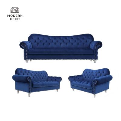 China Adorned 3 2 1 seater velor velvet sofa set adorned modern blue 3 piece living room furniture muebles sofaset modern for sale