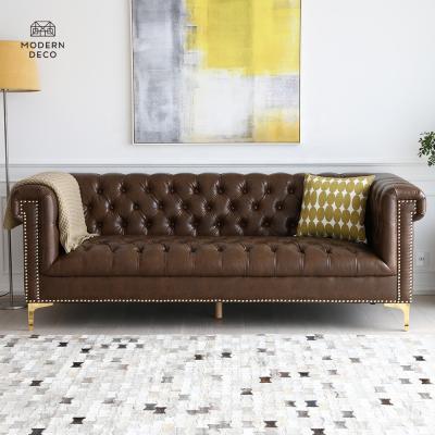 China Tufted Faux Leather Sofas Couch With Gold Legs Chesterfield Brown Chesterfield Tan High End Design Modern Luxury Living Room for sale