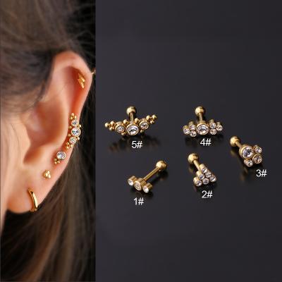 China Vintage Danity 16G Surgical 316L Stainless Steel Crystal Gold Tragus Conch Helix Stud Earring Auricle Cartilage Piercing Titanium for sale