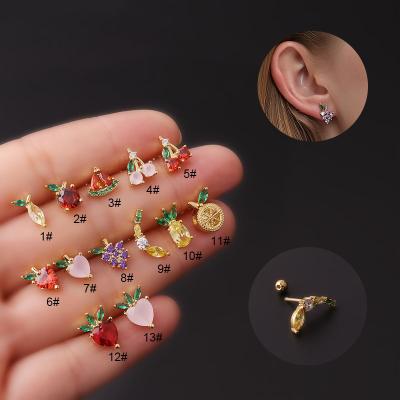 China 20G FASHIONABLE Multicolor Stainless Steel CZ Fruit Shape Cartilage Piercing Stud Ear Conch Tragus Helix Screw Back Earring For Women for sale