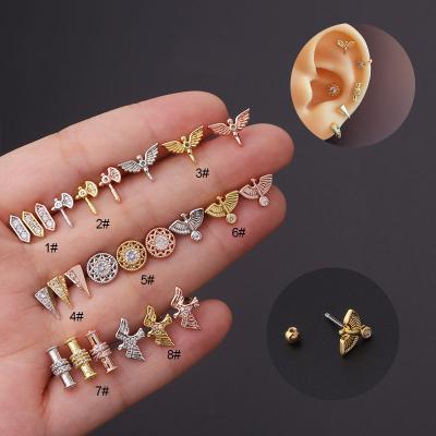 China 20g Stailess Barbell CZ Cartilage Piercing Totem Design Ear Tragus Helix Steel Lobe Screw FASHION Back Stud Earring For Women for sale