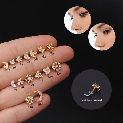 China FASHIONABLE New Gold L Shaped 316L Stainless Steel Bar With CZ Copper Nose Rings For Women Nose Stud Piercing Jewelry for sale