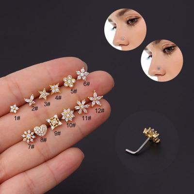 China FASHIONABLE New Gold 316L L Shaped Surgical Stainless Steel Bar With CZ Copper Nose Rings Jewelry For Women Nose Piercing for sale