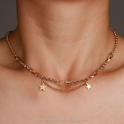 China Casual/Sporty Customize Double Star Gold Stainless Steel Necklace Choker Necklace Layered Jewelry Pendant Chain Necklace for sale