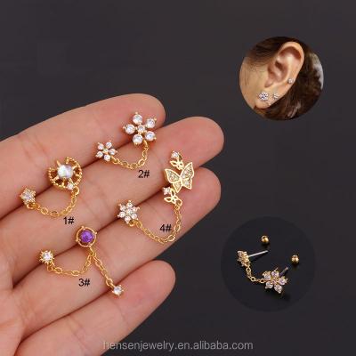 China FASHIONABLE NEW ARRIVAL Petaled Butterfly Five Leaf Flower Tied Barbell Chain Stud Cartilage Piercing Small and Small Double for sale