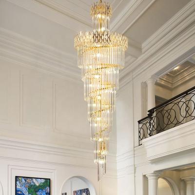 China Modern Contemporary Gold Long Crystal Chandelier with Water Drop Fancy High Ceiling Lamp for Villas Staircase Decor for sale