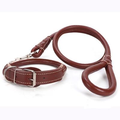 China Soft Stocked PU Leather Dog Collar Leash Set Black Brown Wear Resistant Dog Collar Pet Collar And Leash For Small Medium Large Dog Rope for sale