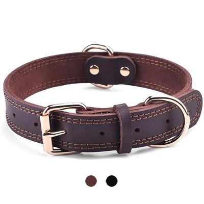 China Simple Design Durable New Vintage Dog Collar Double D Ring Pet Collar For Medium Genuine Leather Heavy Duty Antirust Dogs Stocked Large for sale