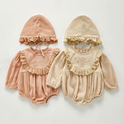 China Polyester/Cotton Design Baby Romper Lace Ruffle Sweet Toddler Girls Long Sleeve Romper With Hat for sale