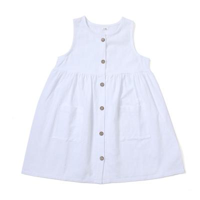 China Girls Breathable Sleeveless Cotton And Canvas Button Up Soft Summer Dress Kids White Pocket Dress for sale