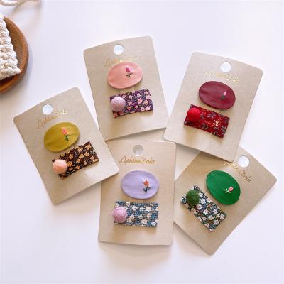 China Japan and Korean Style Design Children's Fancy Corduroy Leather Embroidered Floral Square Hair Clips for sale