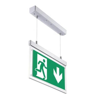 China Safety LED Exit Sign Pendant Light Fixture With Green Pictogram European Standard Escape Emergency Sign for sale